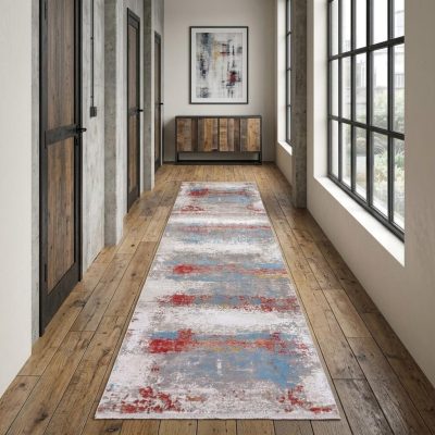 Gray Blue and Red Abstract Viscose Rectangle Area Rug