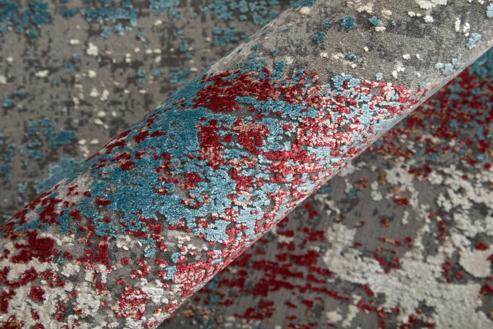 Gray Blue and Red Abstract Viscose Rectangle Area Rug