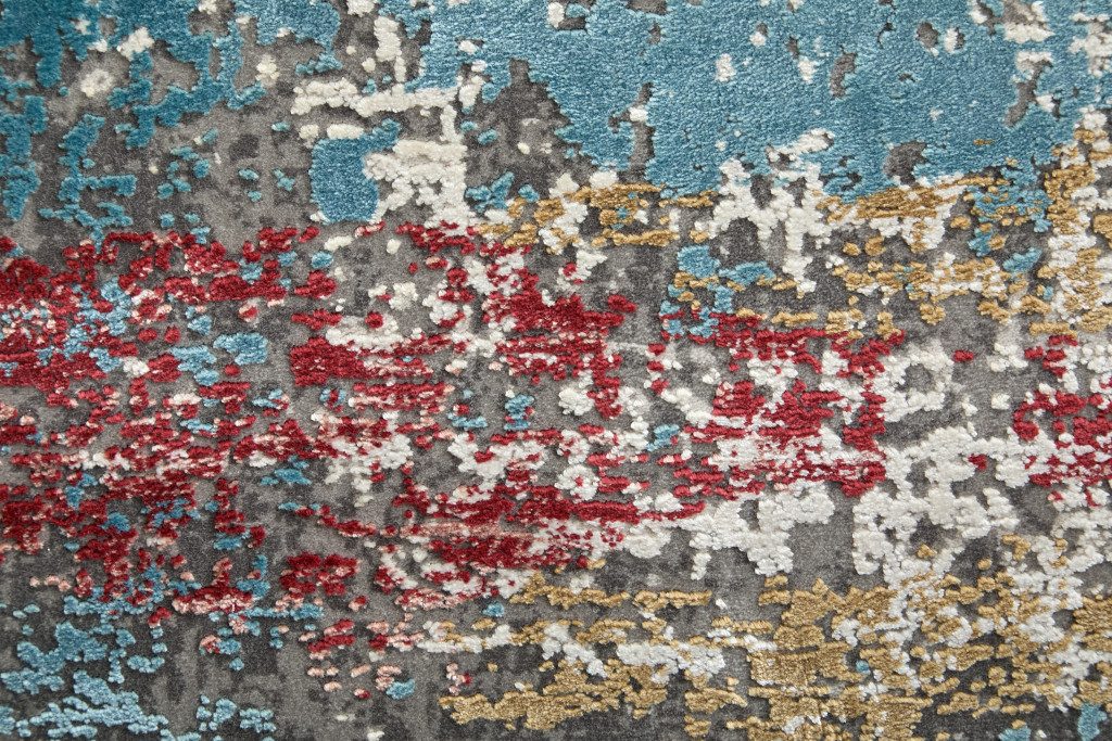 Gray Blue and Red Abstract Viscose Rectangle Area Rug