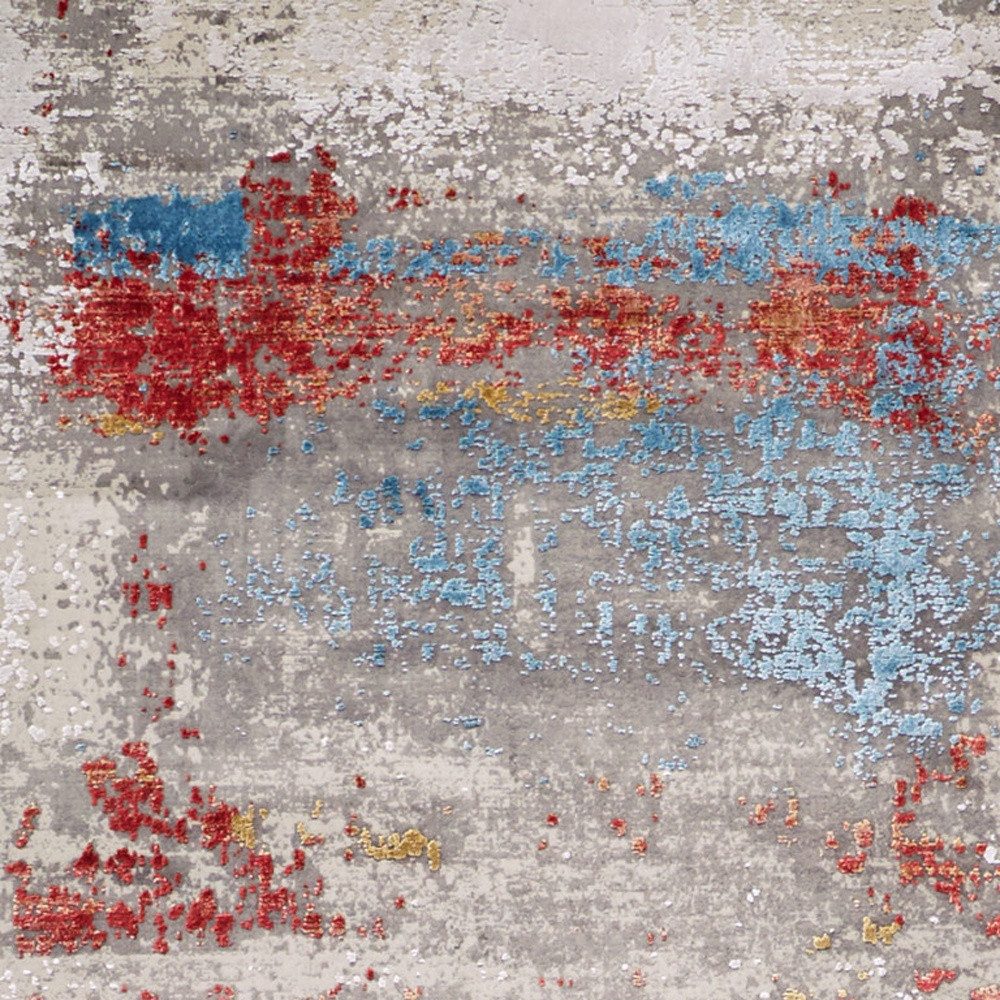 Gray Blue and Red Abstract Viscose Rectangle Area Rug