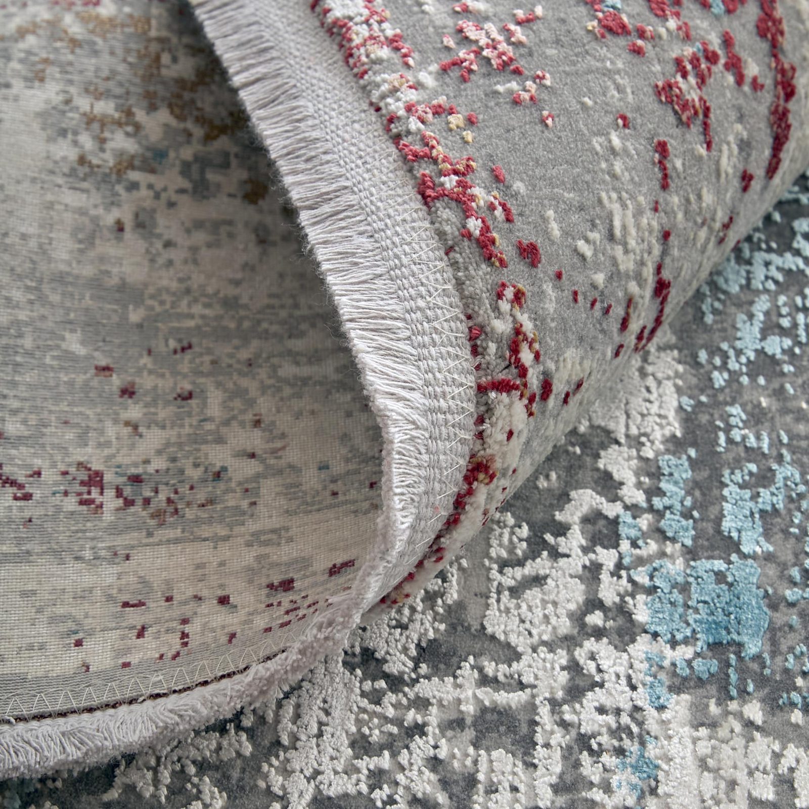 Gray Blue and Red Abstract Viscose Rectangle Area Rug