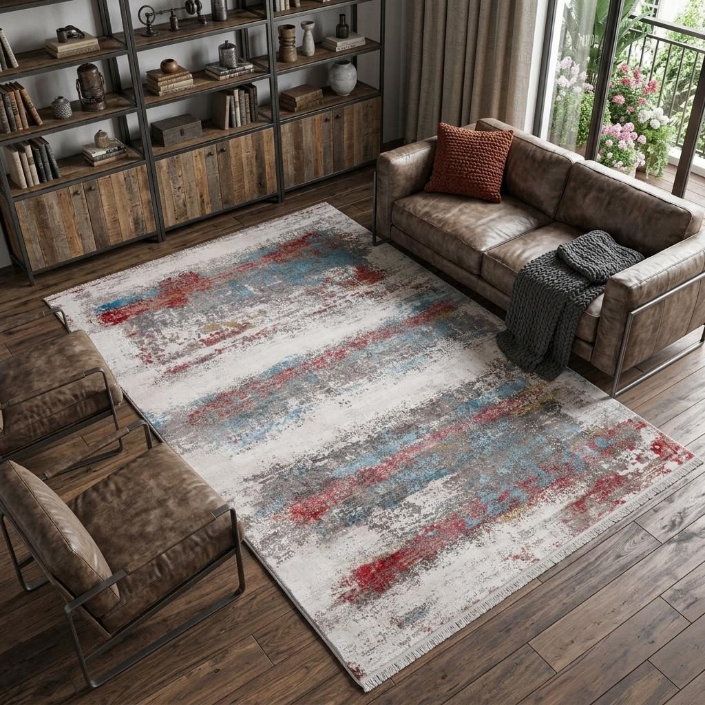 Gray Blue and Red Abstract Viscose Rectangle Area Rug, 12′ × 18′