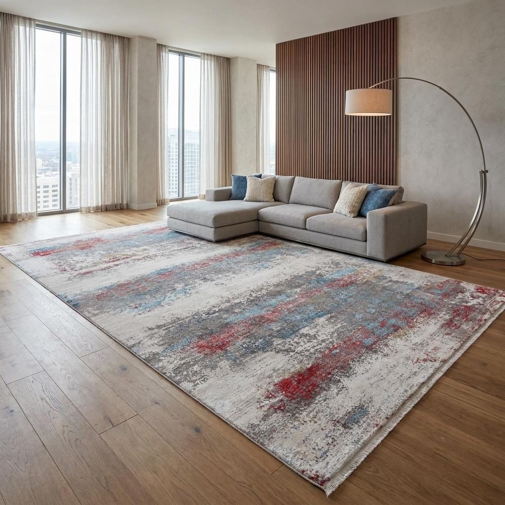Gray Blue and Red Abstract Viscose Rectangle Area Rug, 13′ × 20′