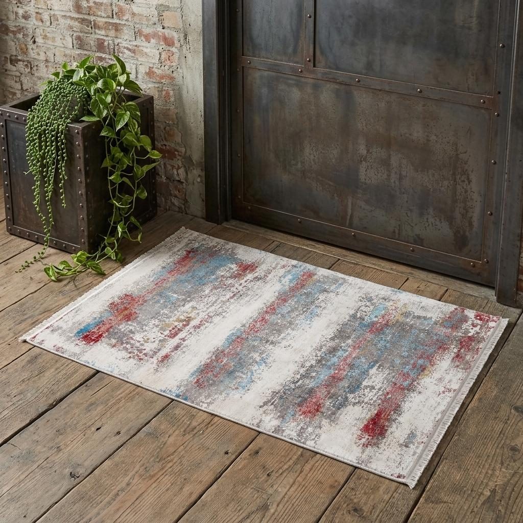 Gray Blue and Red Abstract Viscose Rectangle Area Rug, 2′ × 3′
