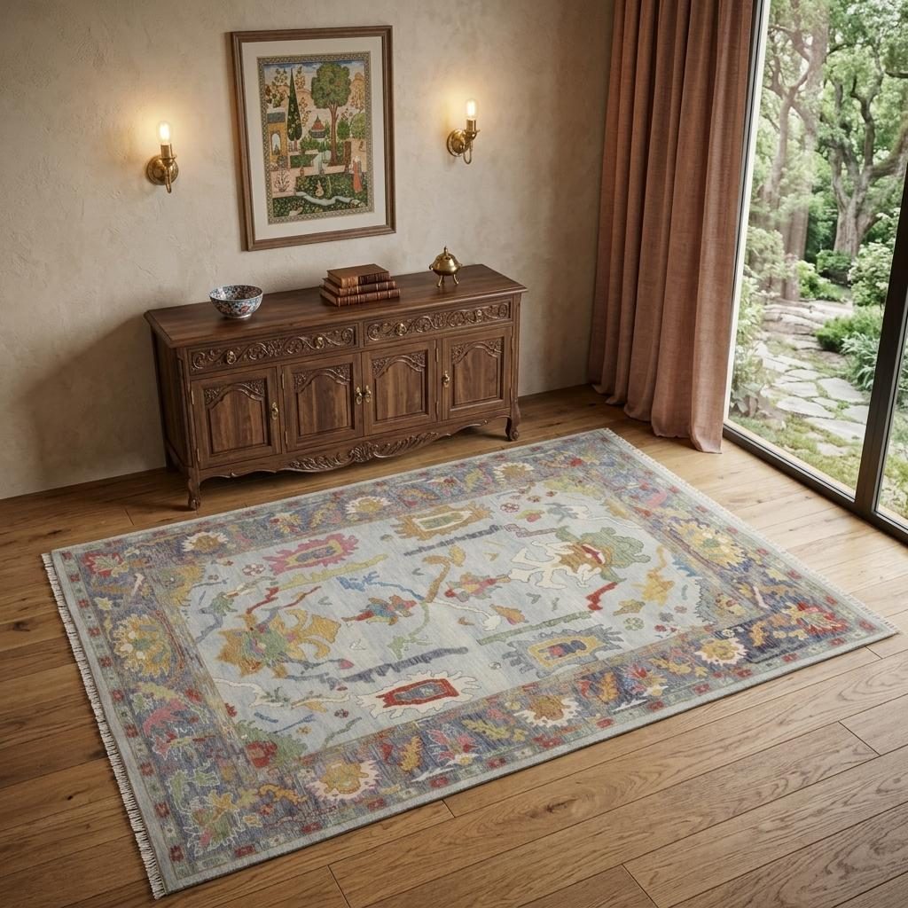 Gray Blue and Gold Wool Oriental Hand Knotted Area Rug, 4′ × 6′