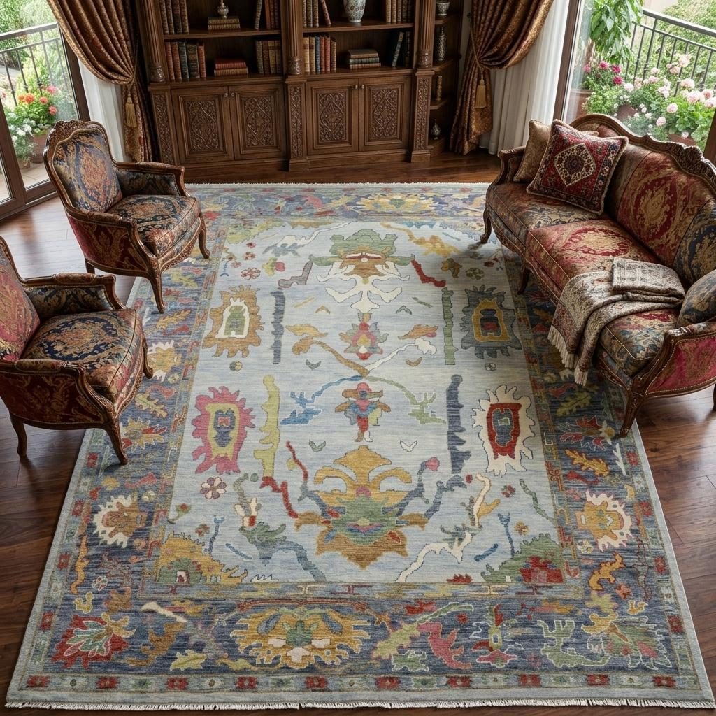 Gray Blue and Gold Wool Oriental Hand Knotted Area Rug, 8′ × 10′