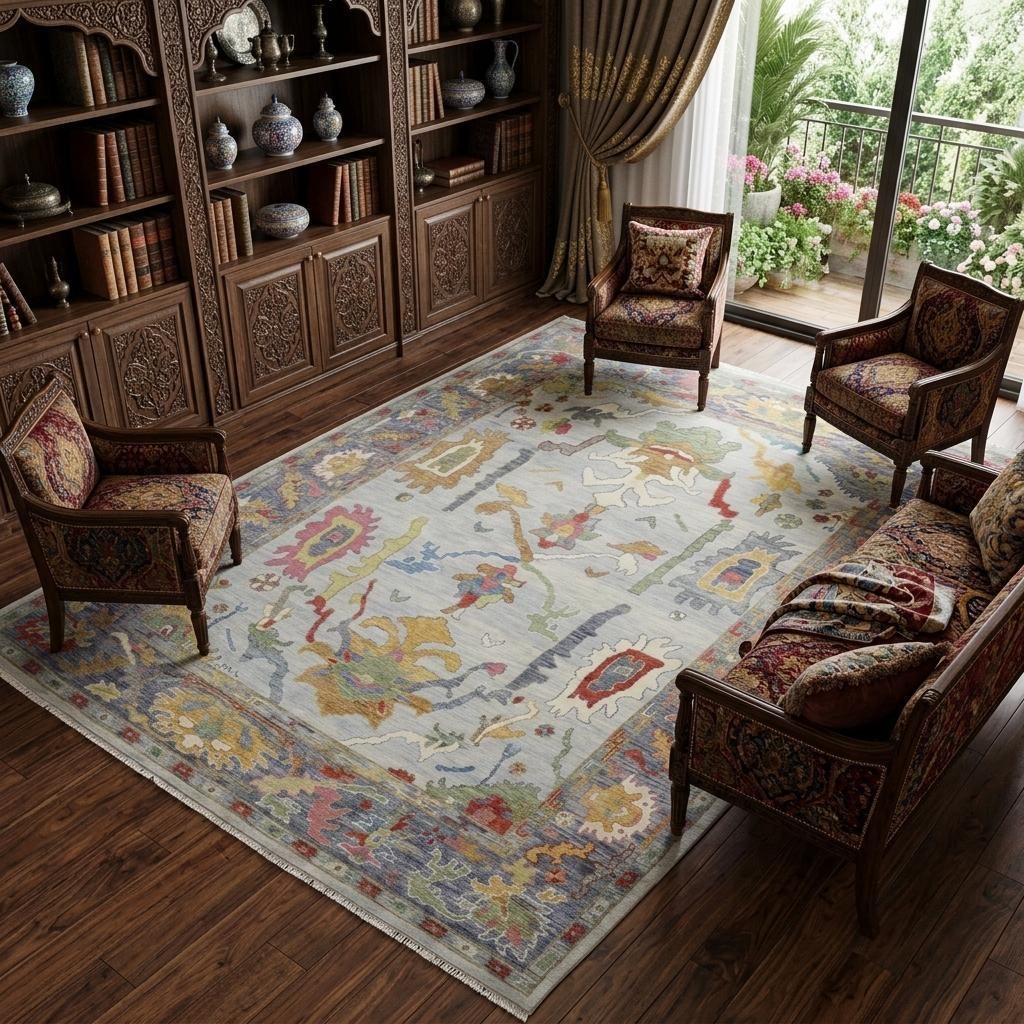 Gray Blue and Gold Wool Oriental Hand Knotted Area Rug, 8′ × 12′