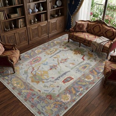 Gray Blue and Gold Wool Oriental Hand Knotted Area Rug