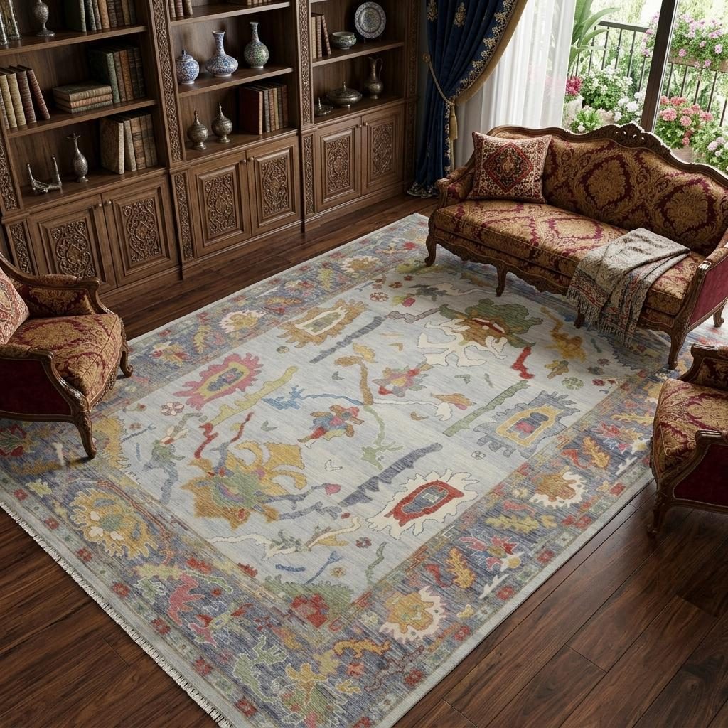 Gray Blue and Gold Wool Oriental Hand Knotted Area Rug, 9′ × 13′