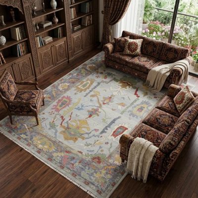 Gray Blue and Gold Wool Oriental Hand Knotted Area Rug