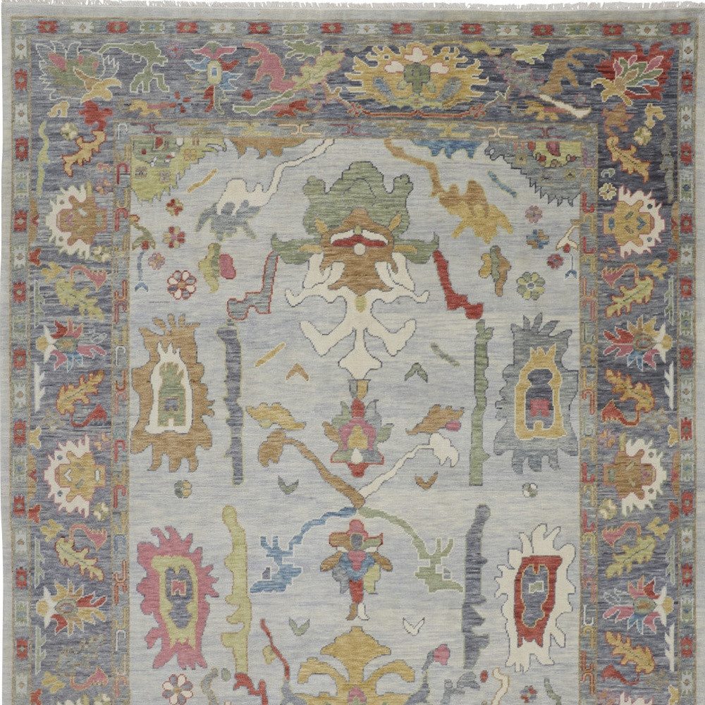 Gray Blue and Gold Wool Oriental Hand Knotted Area Rug