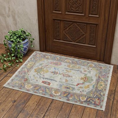 Gray Blue and Gold Wool Oriental Hand Knotted Area Rug