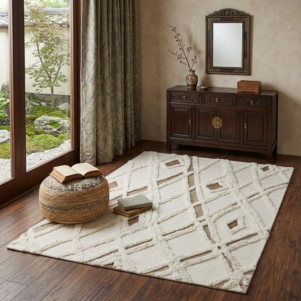 Ivory Taupe Brown Geometric Hand Tufted Wool Rectangle Area Rug, 4′ × 6′