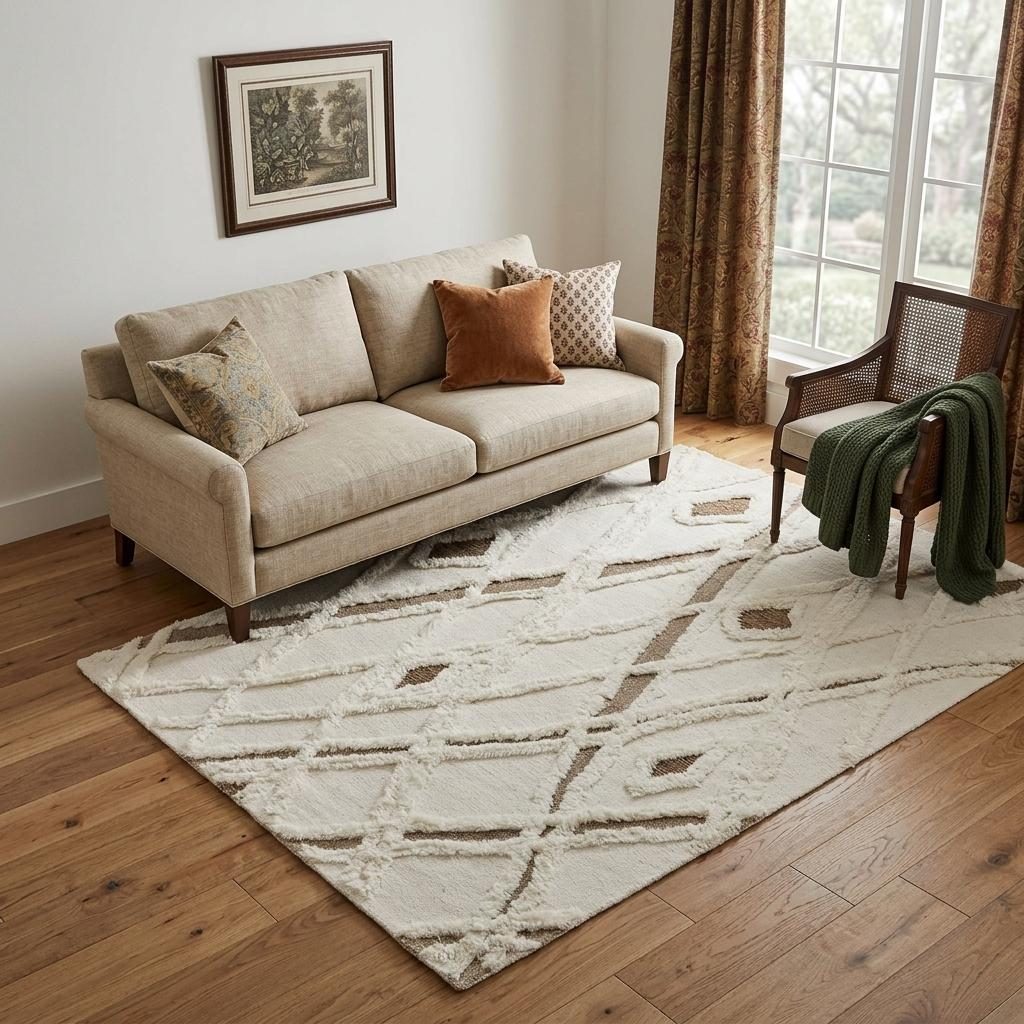 Ivory Taupe Brown Geometric Hand Tufted Wool Rectangle Area Rug, 5′ × 8′