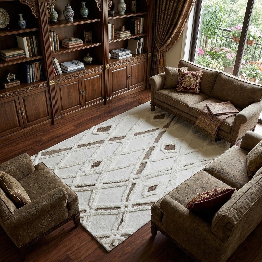 Ivory Taupe Brown Geometric Hand Tufted Wool Rectangle Area Rug, 8′ × 10′