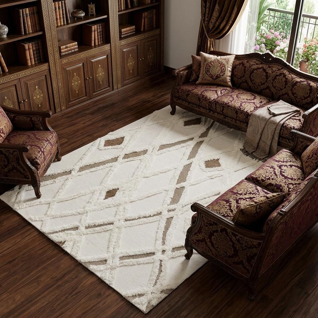 Ivory Taupe Brown Geometric Hand Tufted Wool Rectangle Area Rug, 9′ × 12′