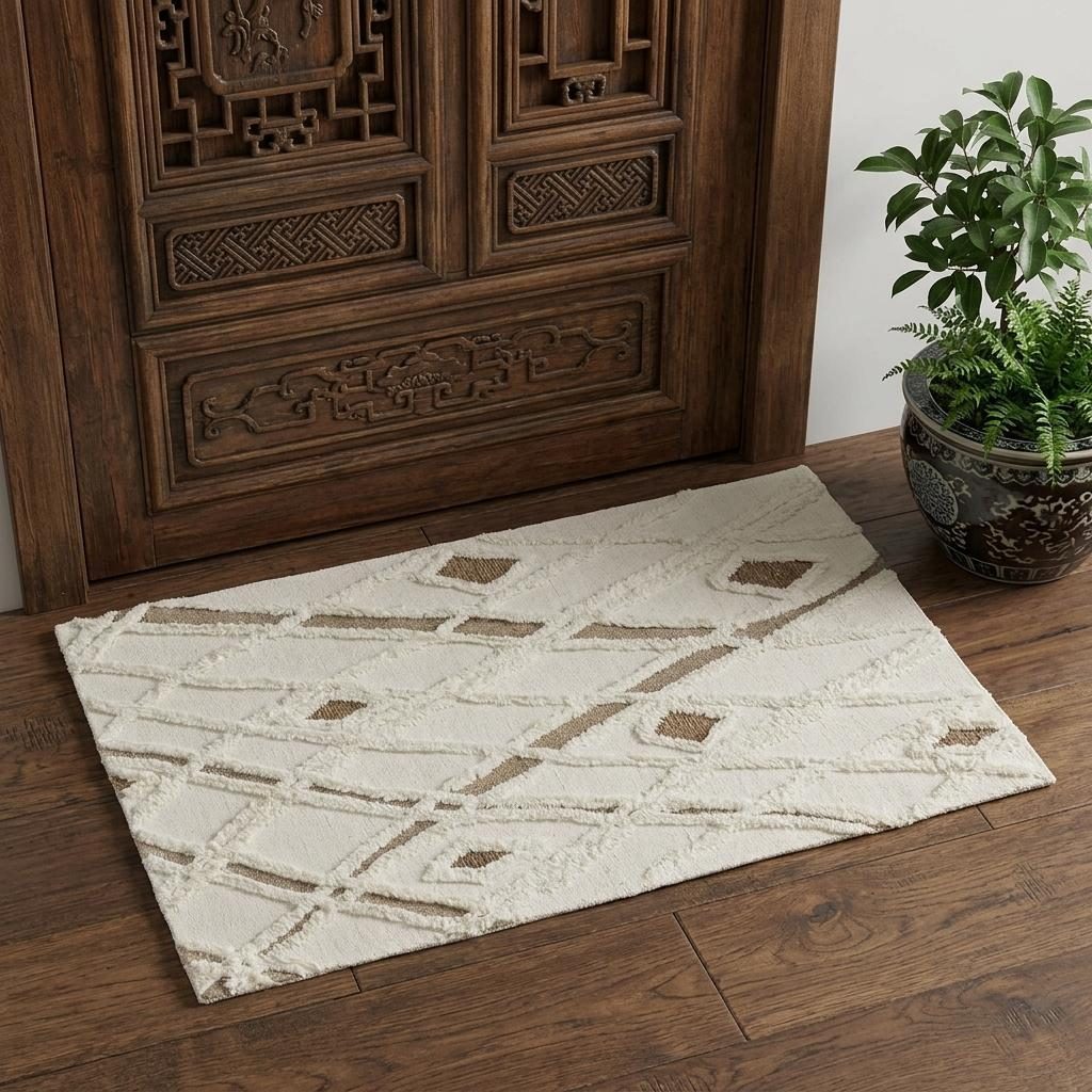 Ivory Taupe Brown Geometric Hand Tufted Wool Rectangle Area Rug, 2′ × 3′