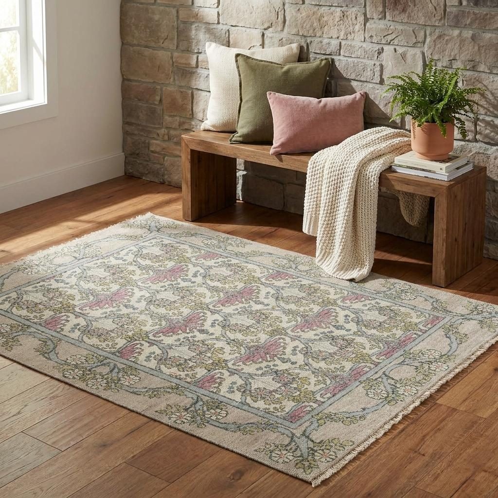 Ivory Gray and Pink Wool Floral Rectangle Area Rug, 4′ × 6′