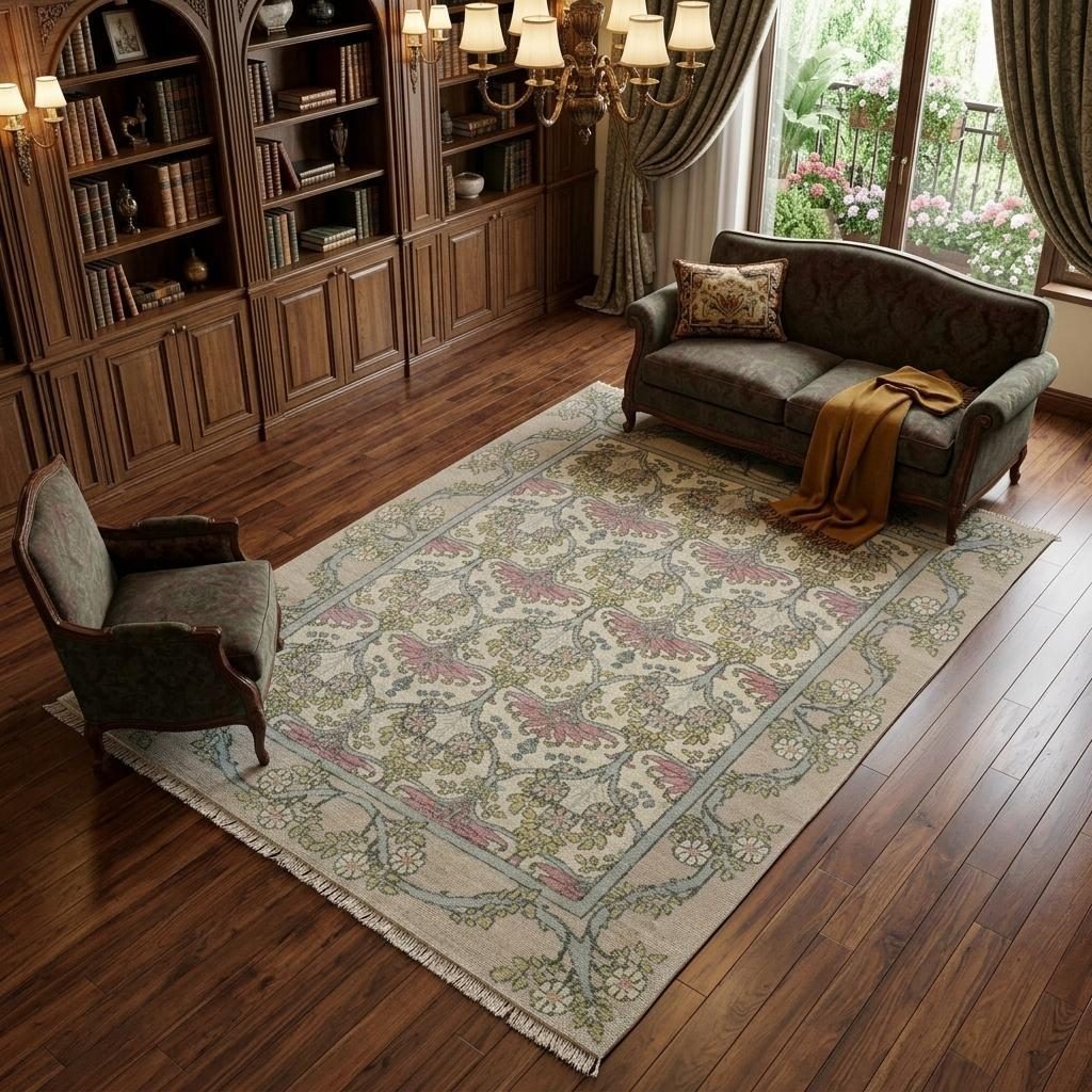 Ivory Gray and Pink Wool Floral Rectangle Area Rug, 6′ × 9′