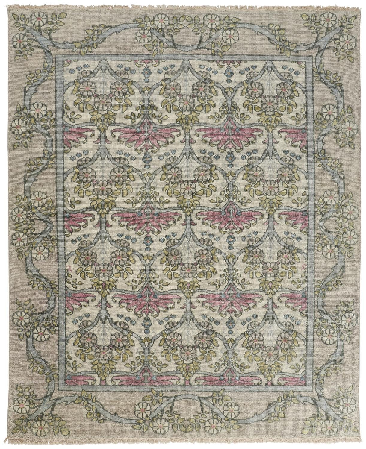 Ivory Gray and Pink Wool Floral Rectangle Area Rug
