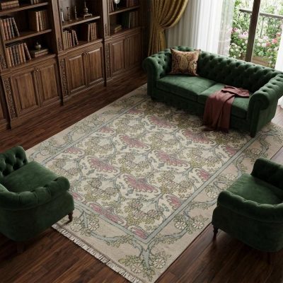 Ivory Gray and Pink Wool Floral Rectangle Area Rug