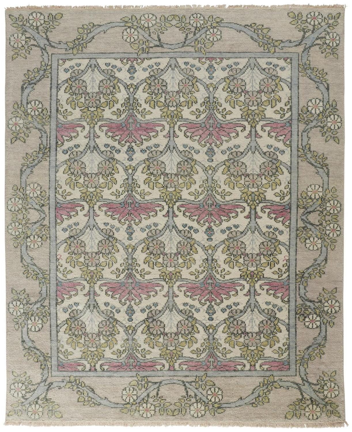 Ivory Gray and Pink Wool Floral Rectangle Area Rug