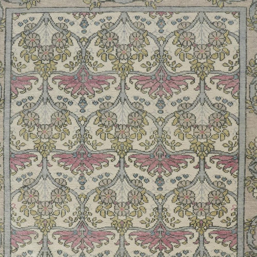 Ivory Gray and Pink Wool Floral Rectangle Area Rug