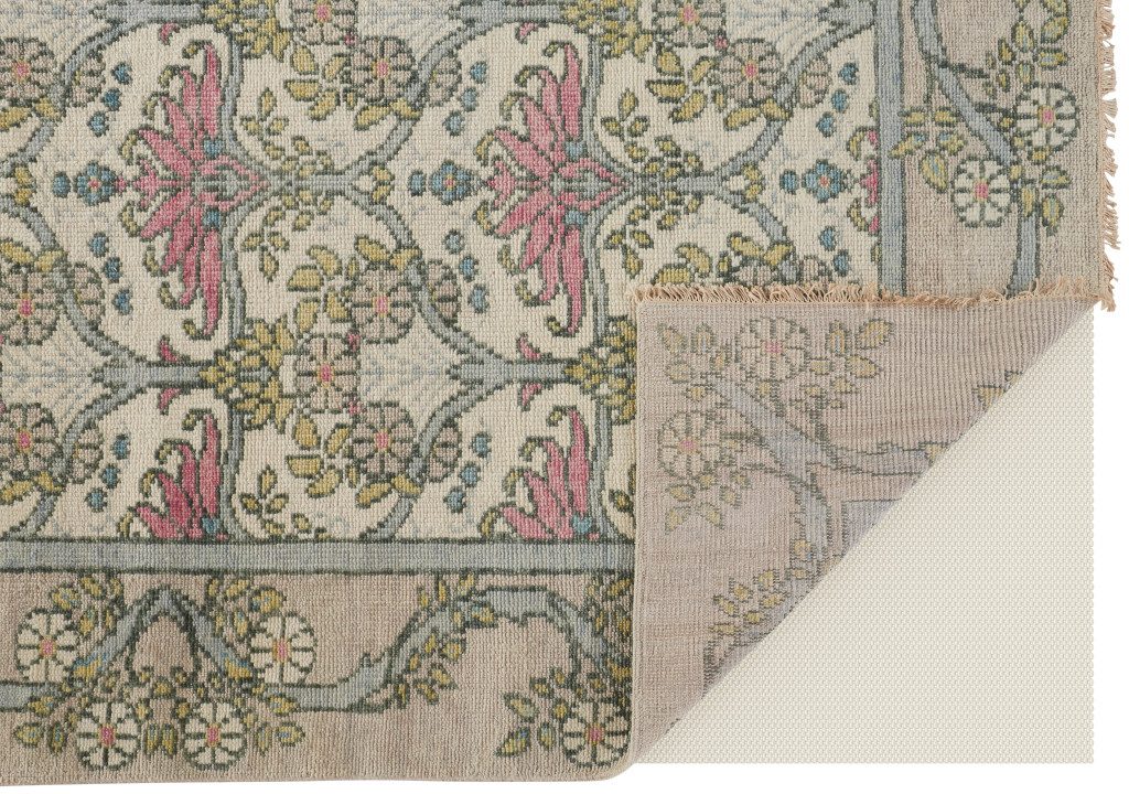 Ivory Gray and Pink Wool Floral Rectangle Area Rug