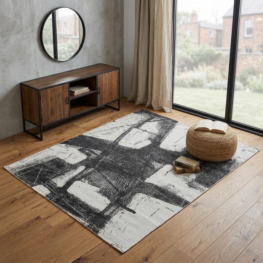 Black and Gray Abstract Hand Woven Wool Rectangle Area Rug, 4′ × 6′