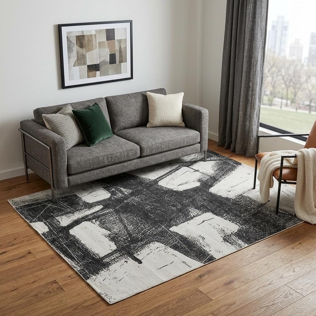 Black and Gray Abstract Hand Woven Wool Rectangle Area Rug, 5′ × 8′