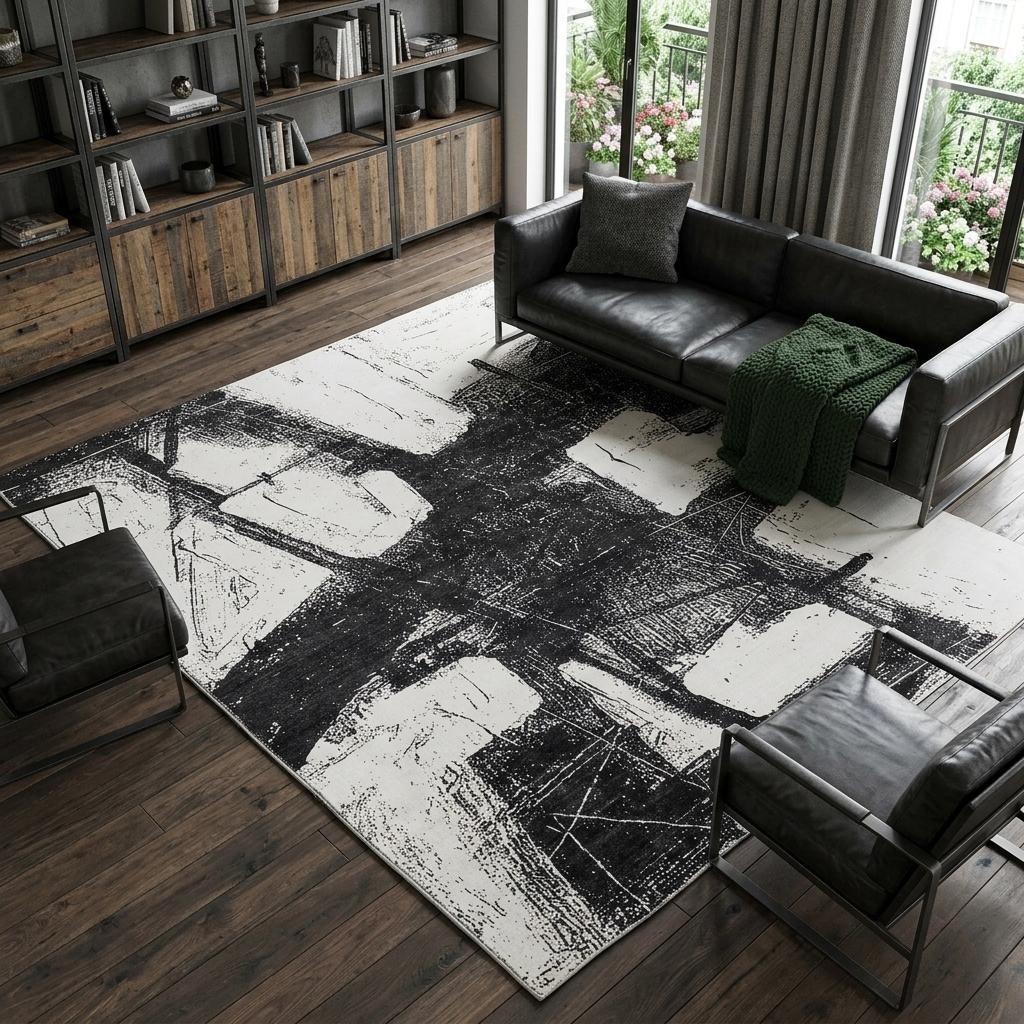 Black and Gray Abstract Hand Woven Wool Rectangle Area Rug, 9′ × 12′