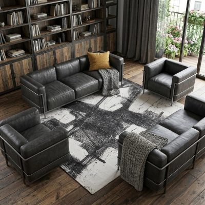 Black and Gray Abstract Hand Woven Wool Rectangle Area Rug