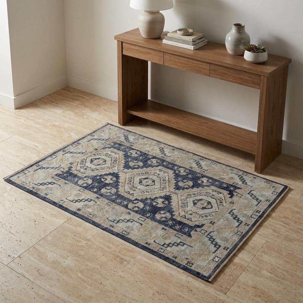 Blue and Ivory Geometric Wool Hand Knotted Area Rug, 3′ × 5′