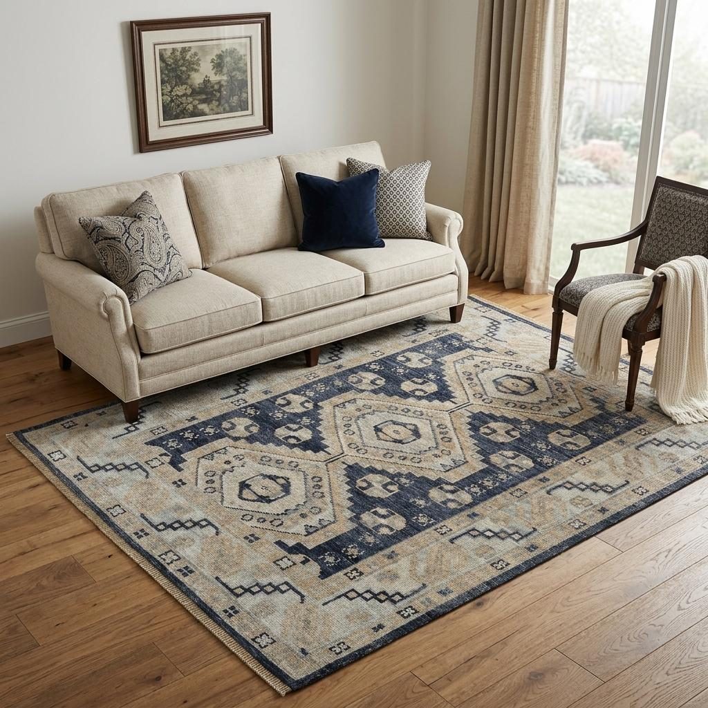 Blue and Ivory Geometric Wool Hand Knotted Area Rug, 5′ × 8′