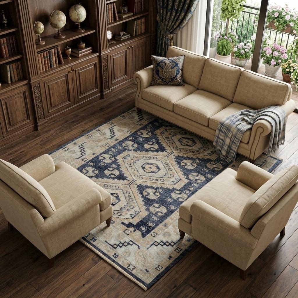 Blue and Ivory Geometric Wool Hand Knotted Area Rug, 8′ × 10′