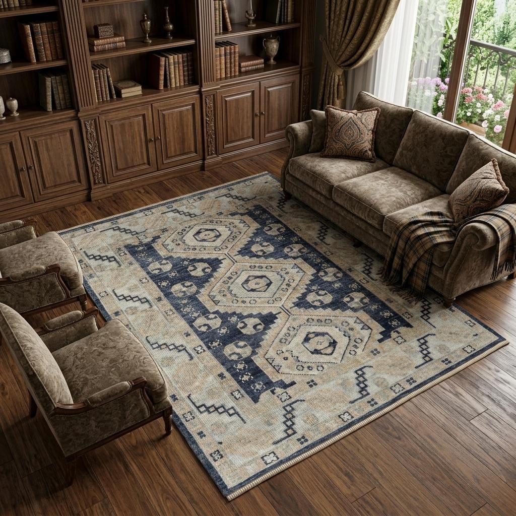 Blue and Ivory Geometric Wool Hand Knotted Area Rug, 9′ × 12′