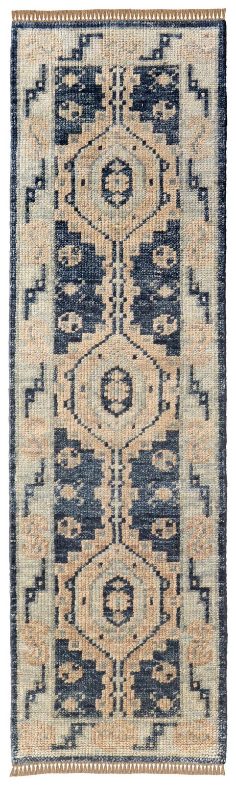 Blue and Ivory Geometric Wool Hand Knotted Area Rug