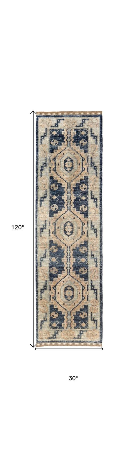 Blue and Ivory Geometric Wool Hand Knotted Area Rug