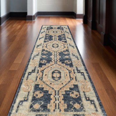 Blue and Ivory Geometric Wool Hand Knotted Area Rug