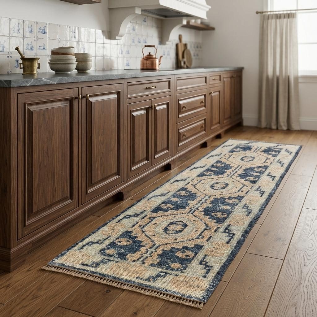 Blue and Ivory Geometric Wool Hand Knotted Area Rug, 8′ Runner
