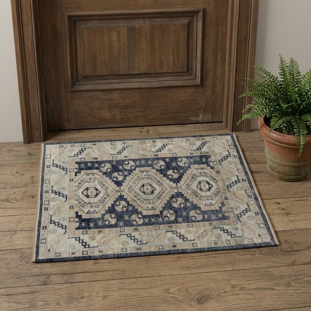 Blue and Ivory Geometric Wool Hand Knotted Area Rug, 2′ × 3′
