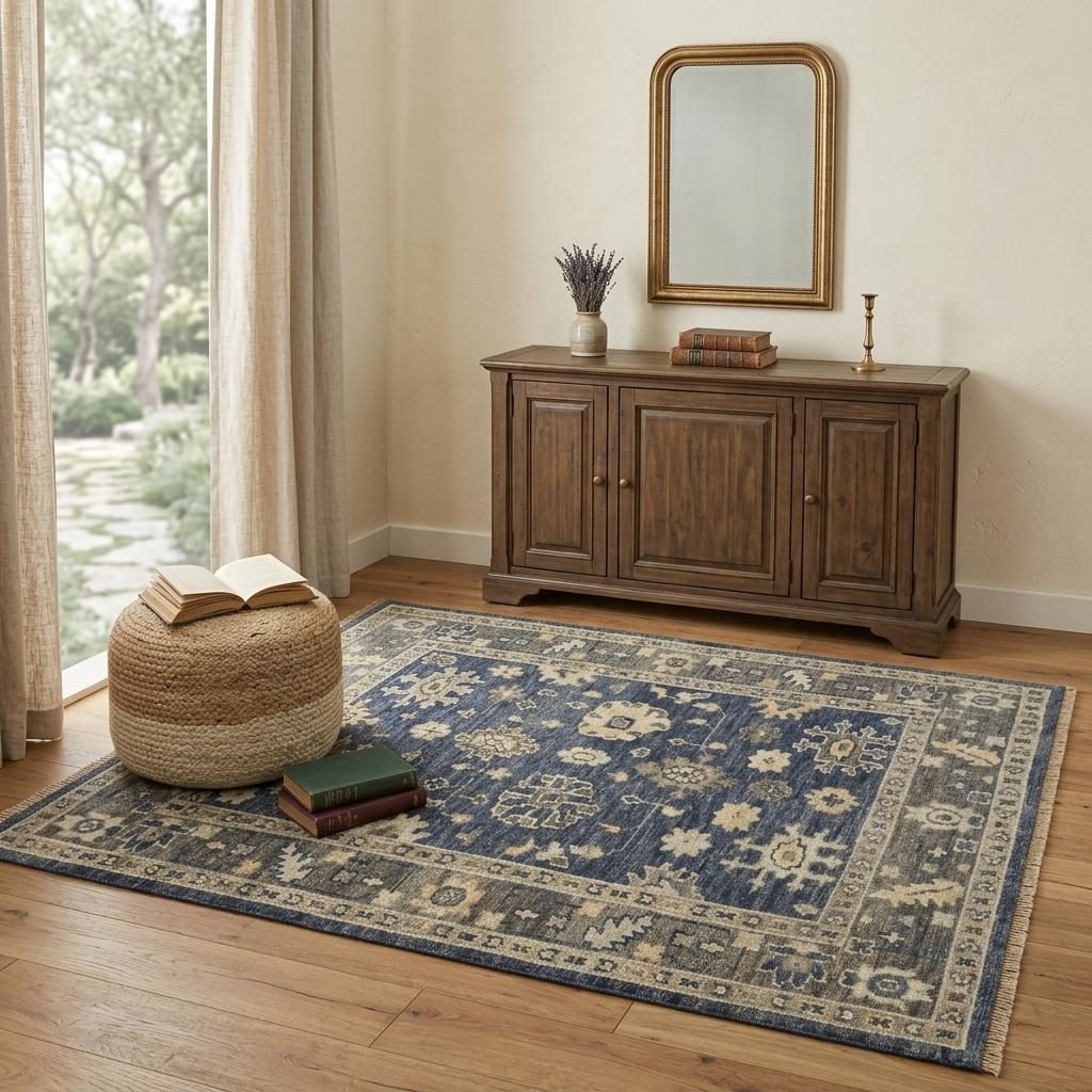 Blue and Gray Wool Floral Hand Knotted Area Rug, 4′ × 6′