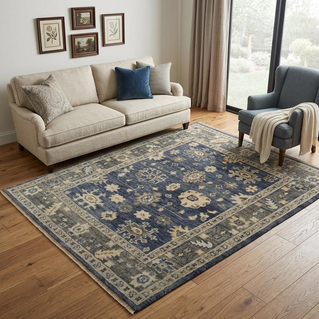 Blue and Gray Wool Floral Hand Knotted Area Rug, 5′ × 8′