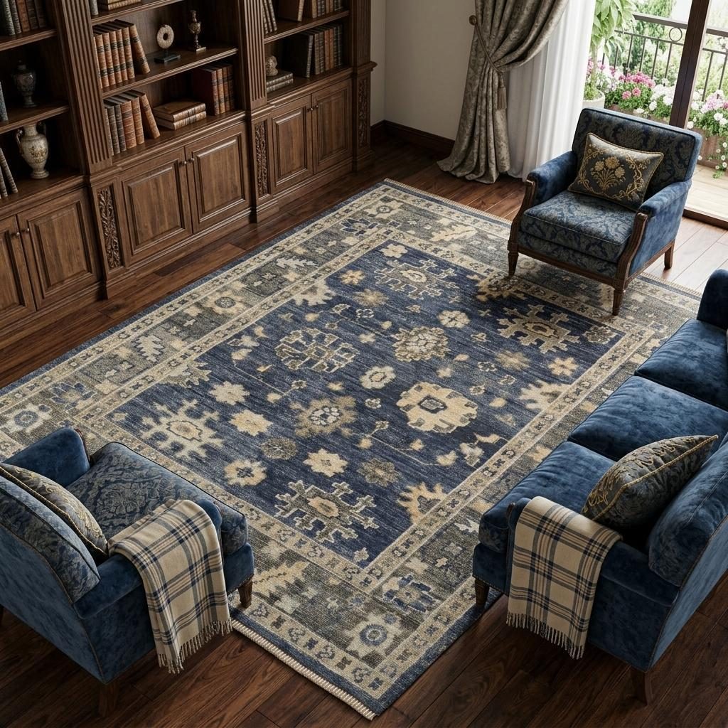 Blue and Gray Wool Floral Hand Knotted Area Rug, 8′ × 10′