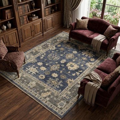 Blue and Gray Wool Floral Hand Knotted Area Rug