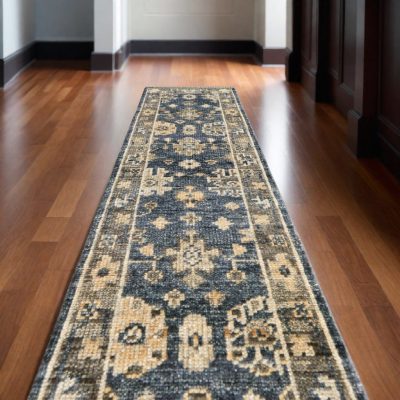 Blue and Gray Wool Floral Hand Knotted Area Rug