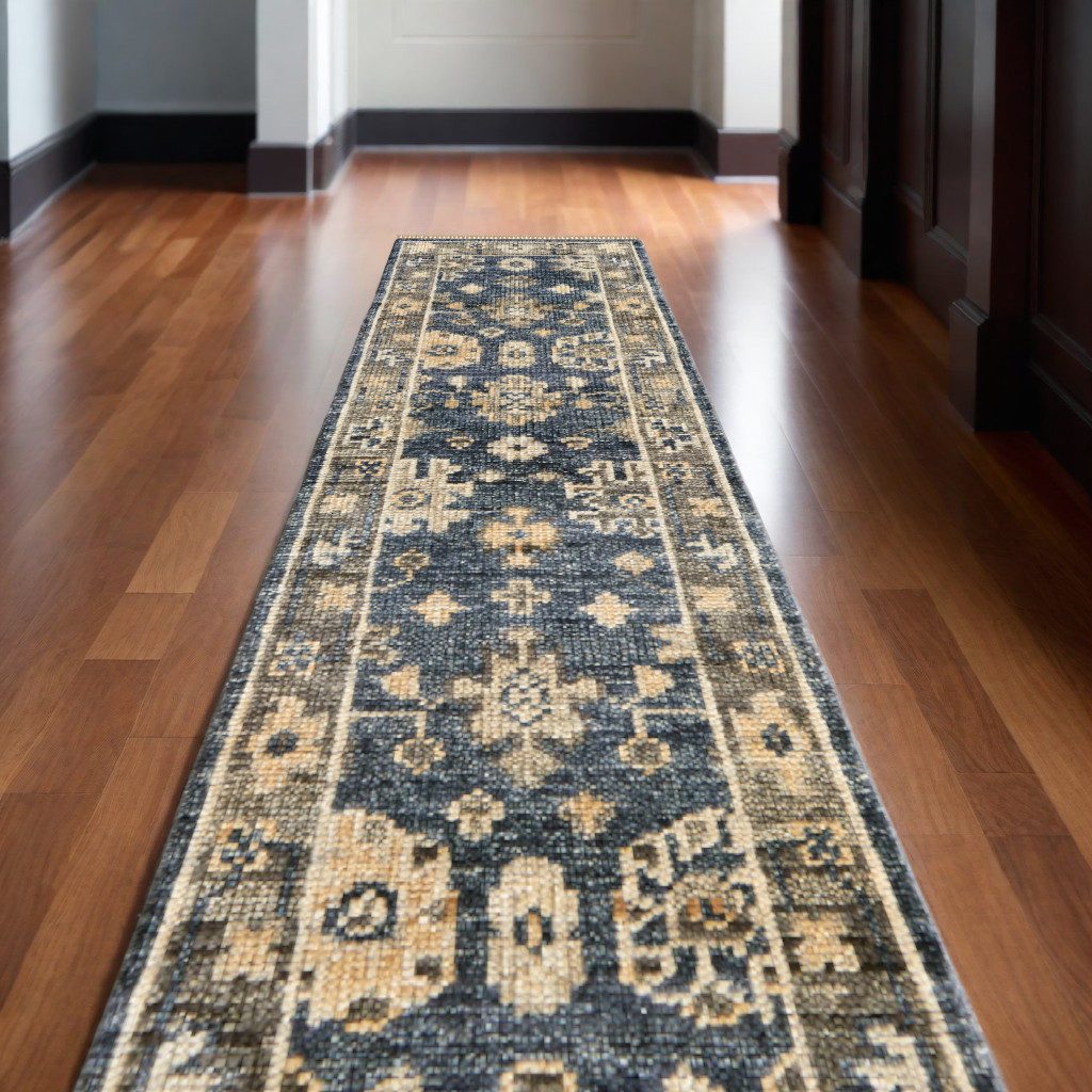 Blue and Gray Wool Floral Hand Knotted Area Rug
