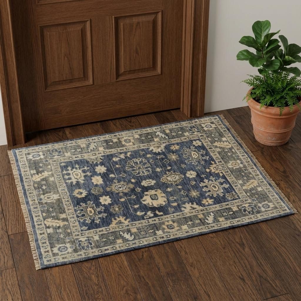 Blue and Gray Wool Floral Hand Knotted Area Rug, 2′ × 3′