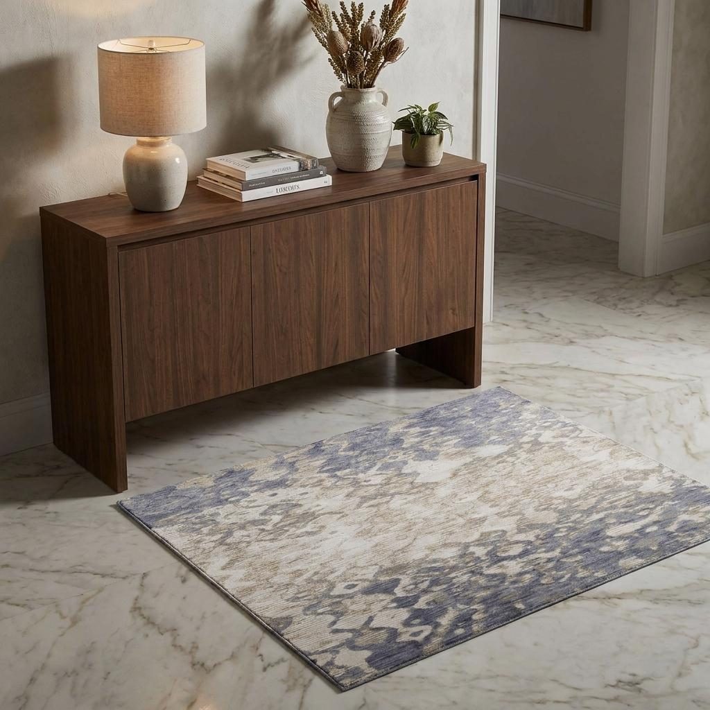 Ivory Tan and Blue Abstract Distressed Polypropylene Area Rug, 3′ × 5′