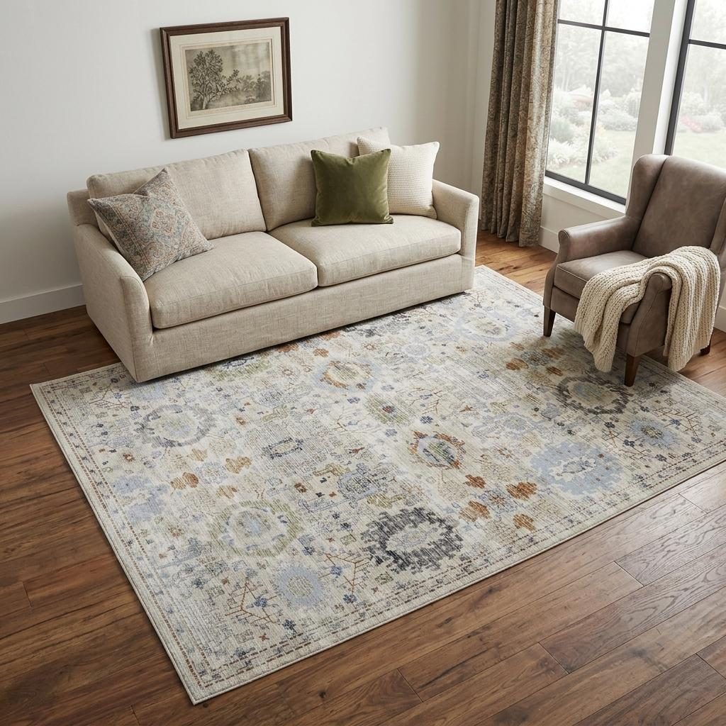 Ivory Red and Blue Floral Cotton Power Loom Area Rug, 5′ × 8′